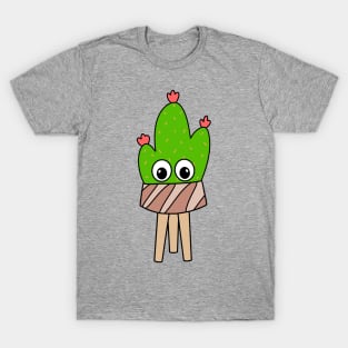 Cute Cactus Design #302: Prickly Pear With Flowers In Wood Planter T-Shirt